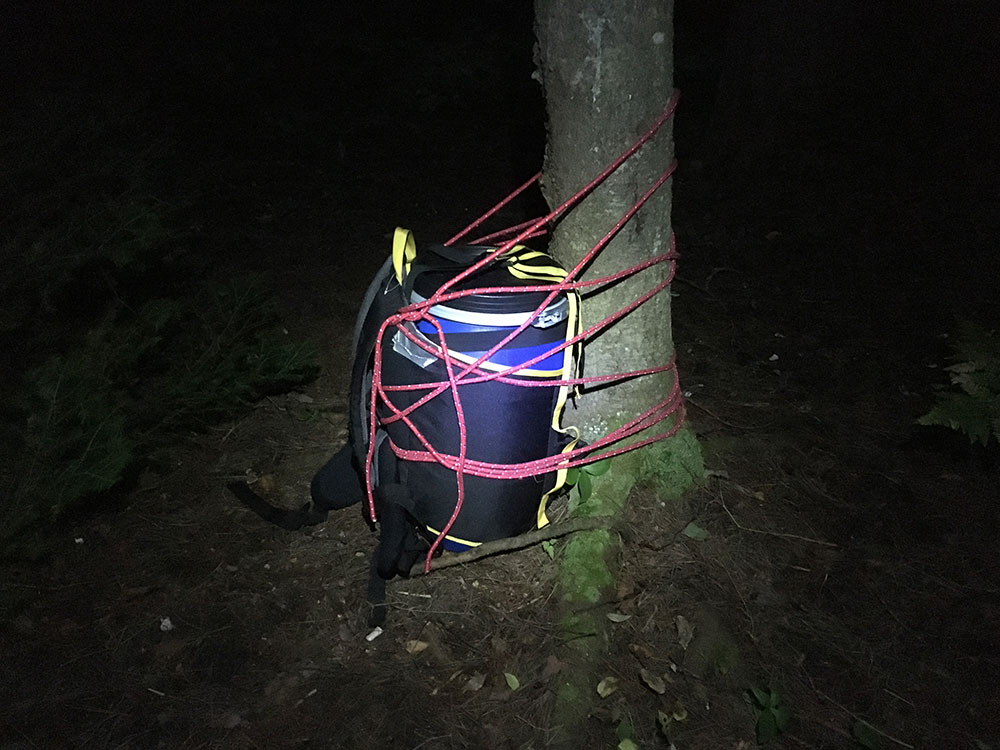 Food barrel tied to a tree on Little Otterslide Lake