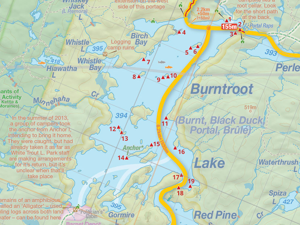 Map of Burntroot Lake campsite map in Algonquin Park