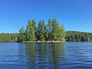 Island campsite on Linda Lake, view from the water