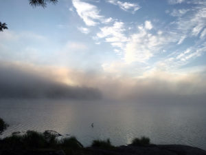 Misty morning on Linda Lake giving way to the sunrise