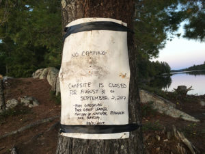 No camping sign on Big Trout Lake in Algonquin