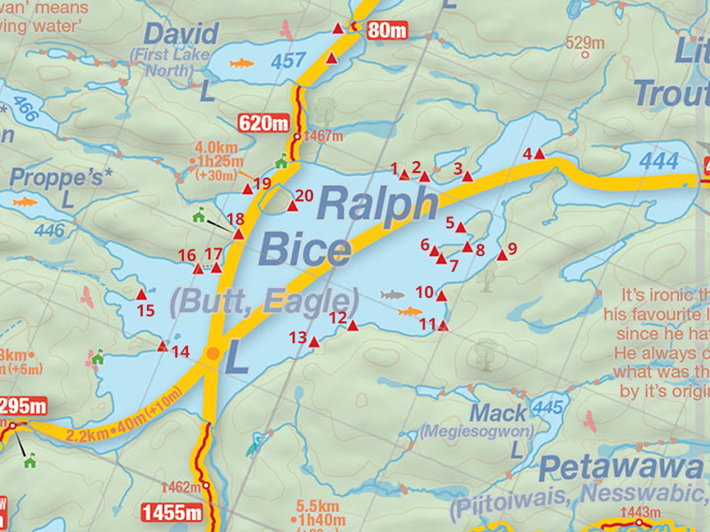 Map of Ralph Bice Lake campsites in Algonquin Park