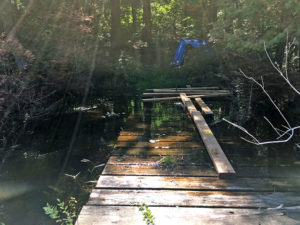 High water levels show an almost sunken dock on Linda Lake