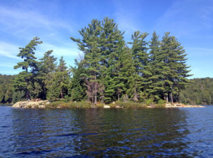 View of the island campsite on Linda Lake, from the water