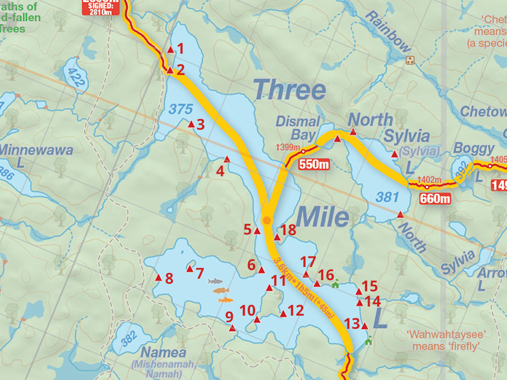 Map of Three Mile Lake campsites in Algonquin Park
