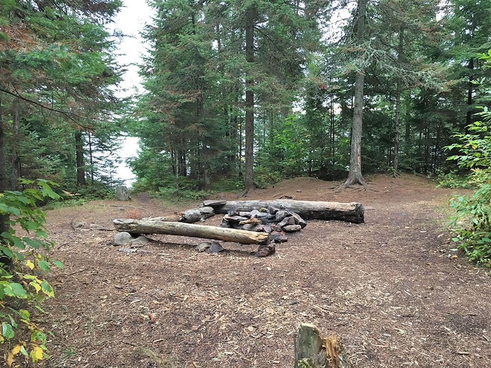 Fire pit and seating area on island campsite on Misty Lake