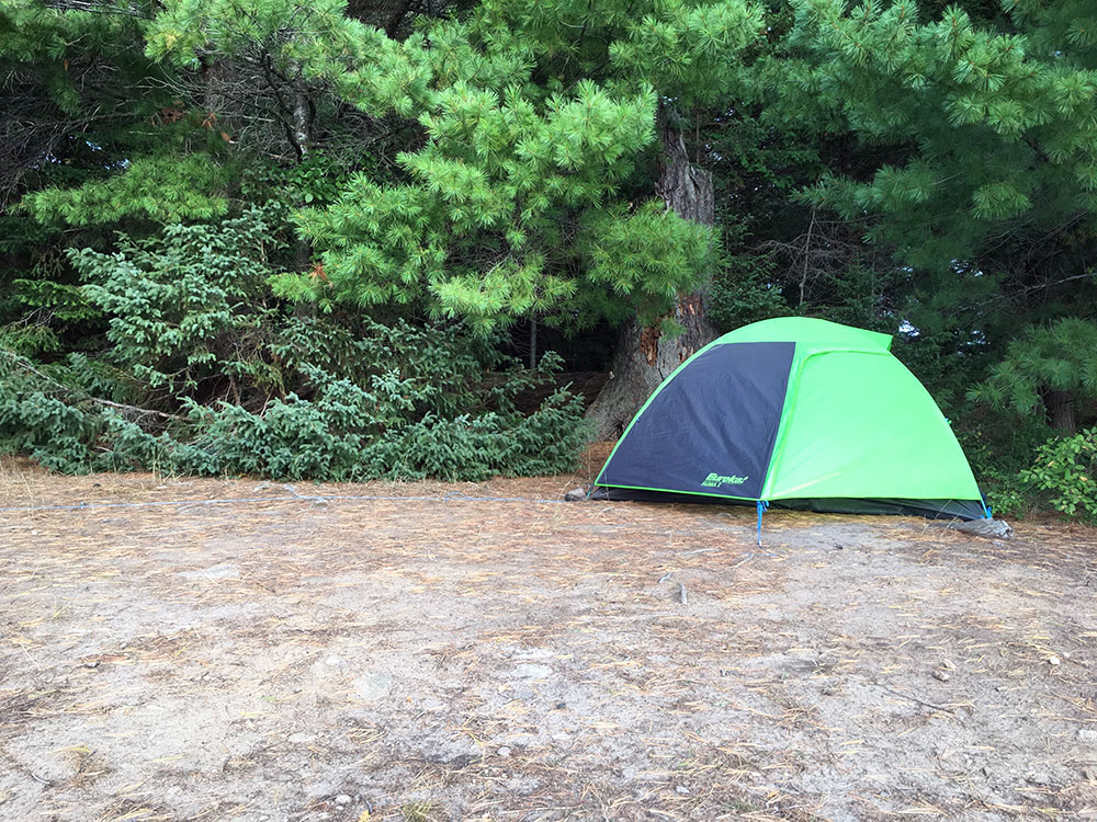 Greek Eureka tent pitched on McIntosh Lake in Algonquin Park