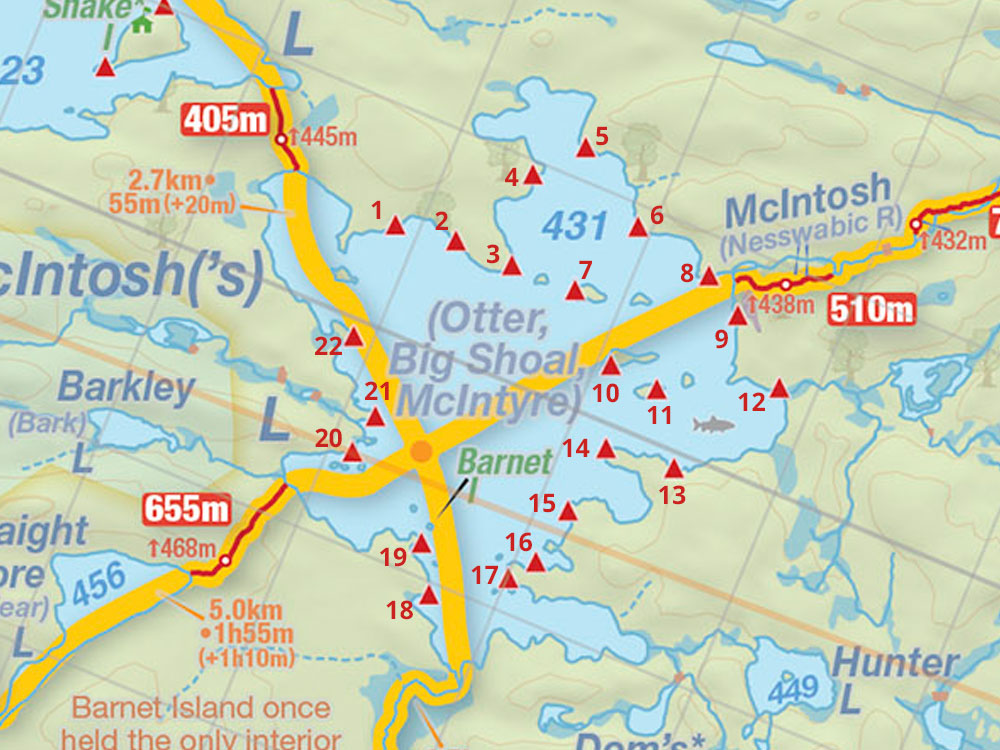 Map of campsites on McIntosh Lake in Algonquin Park