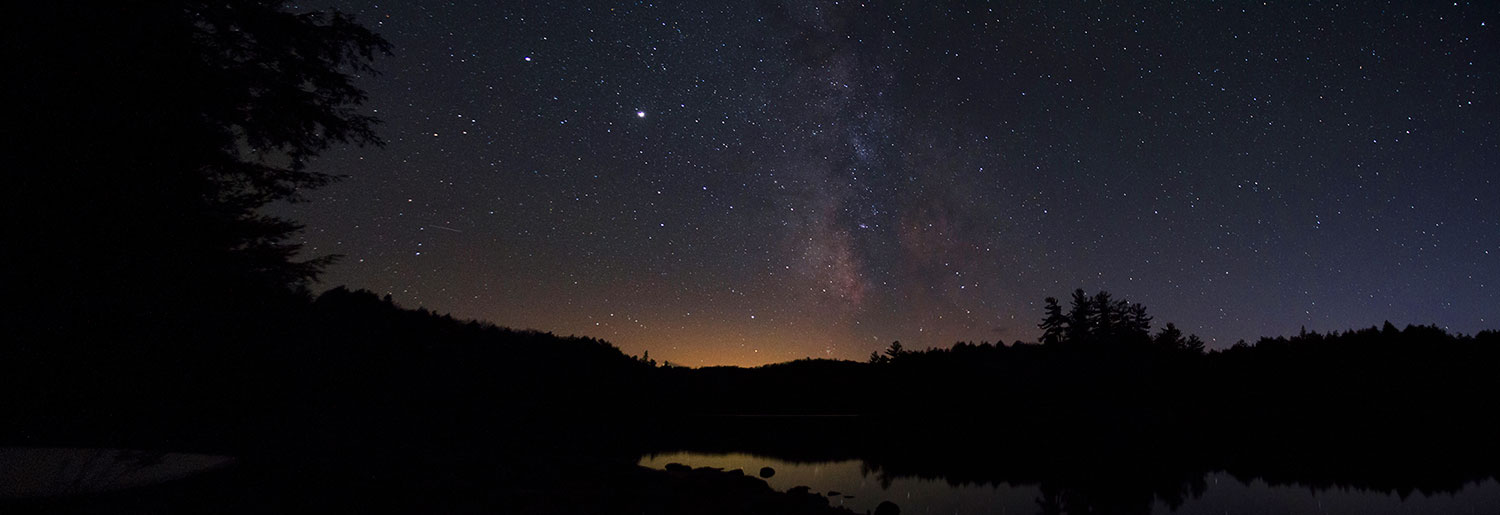 Night sky astrophotography panorama on Ragged Lake during Thanksgiving 2020
