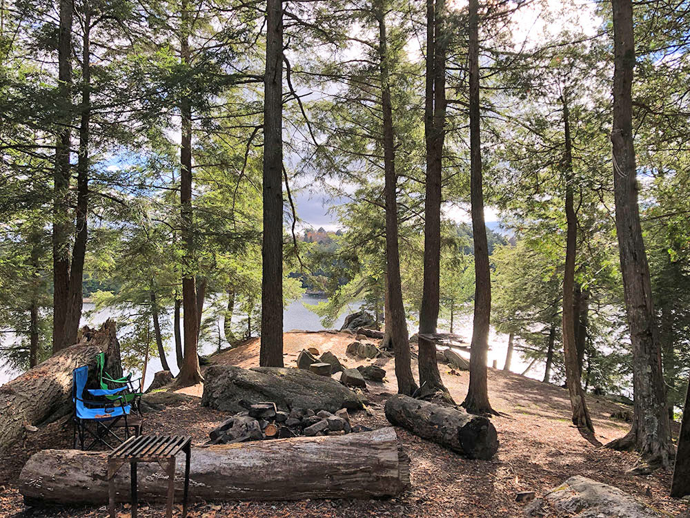 Interior of campsite #2 on Ragged Lake looking out towards the water
