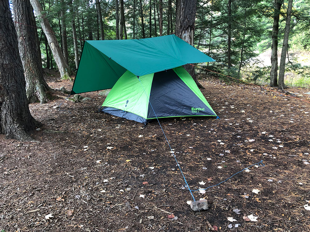 Green Eureka Suma tent with green Aqua Quest tarp on Ragged Lake campsite