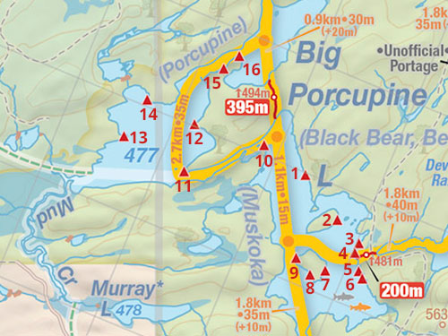 Map and campsites on Big Porcupine Lake in Algonquin Park