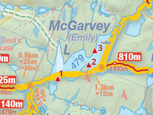 Map and campsites on McGarvey Lake in Algonquin Park
