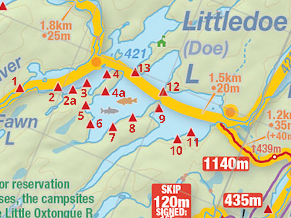 Map of campsites on Littledoe Lake in Algonquin Park