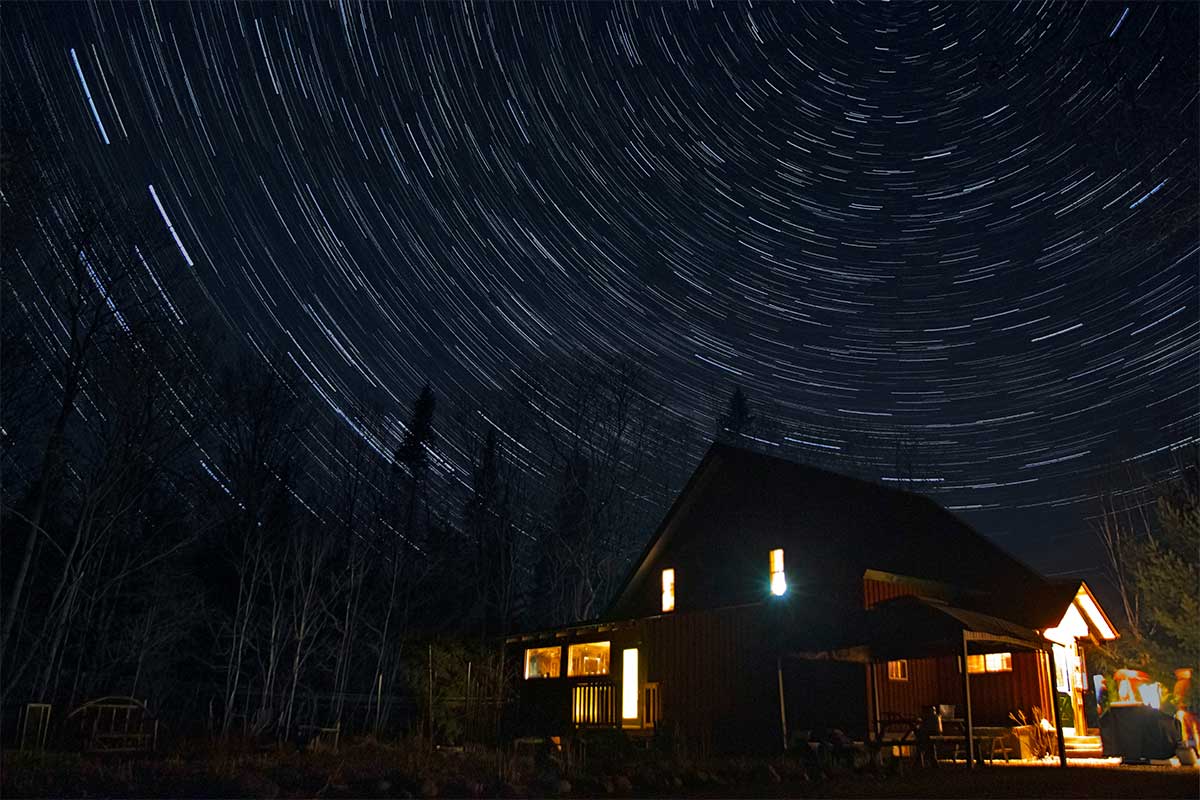 Star Trails over main lodge at Wolf Den Nature Retreat near Algonquin Park April 2022