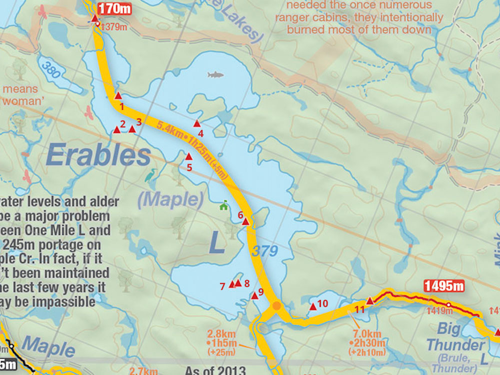 Map of campsites on Erables Lake in Algonquin Park