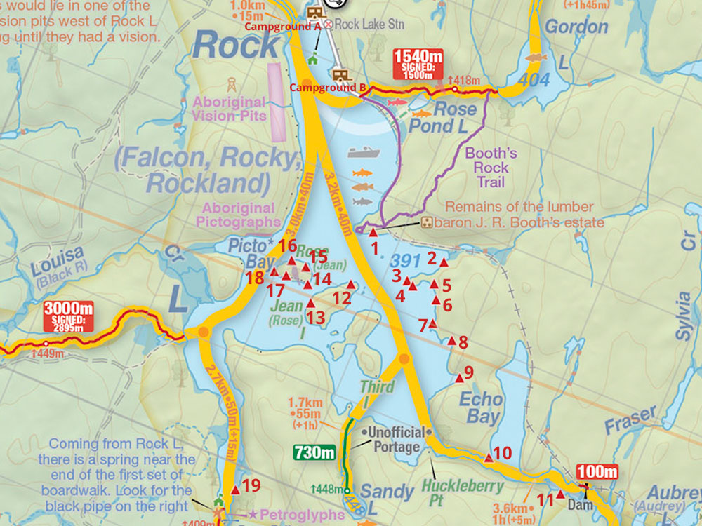 Map of Campsites on Rock Lake in Algonquin Park including Campgrounds