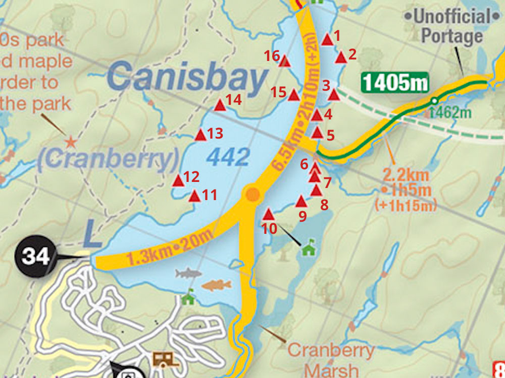 Map of campsites on Canisbay Lake in Algonquin Park