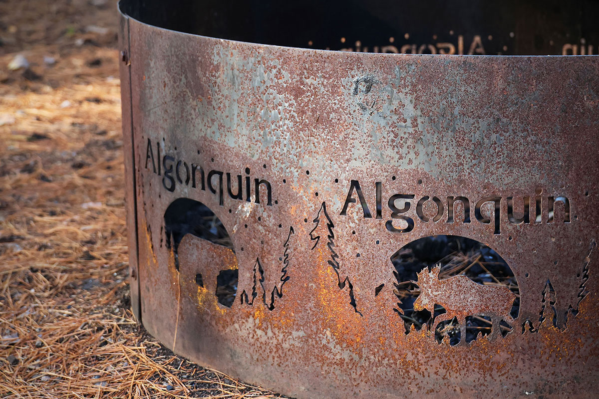 Engraved fire pit ring at Whitefish Lake Campground in Algonquin Park showing Moose, Bear, and Trees, October 2023 v1a