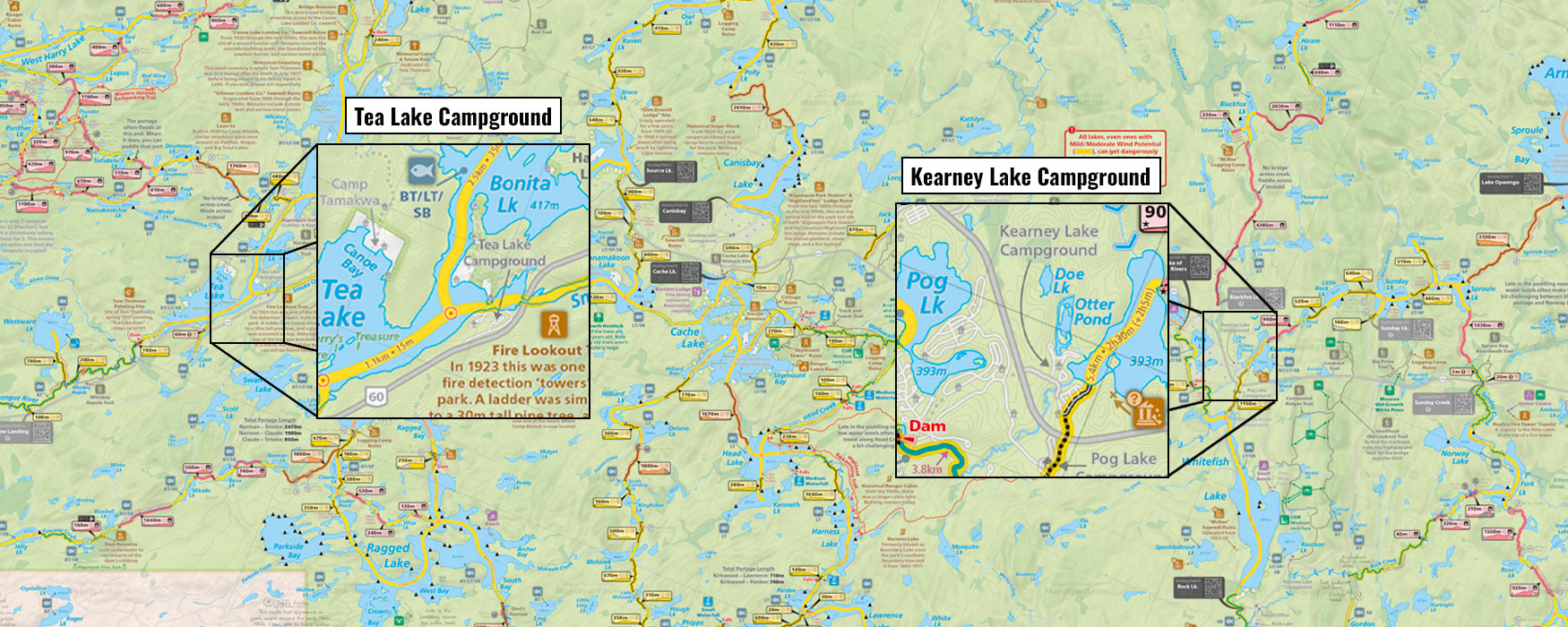 Map and Trip Details for The Trip Report "Day Trip to Kearney Lake and Tea Lake Campgrounds" in Algonquin Park