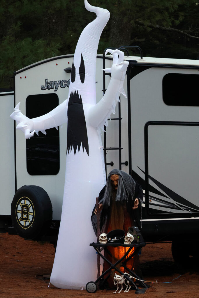 Ghost and witch Halloween decoration at Lake of Two Rivers in Algonquin Park, October 2023