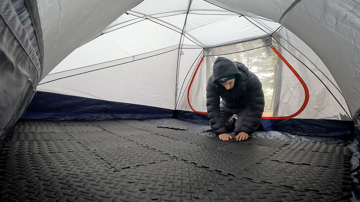 Getting inside of MEC Ohm 4 tent set up for cold weather camping, Algonquin Park, November 2023 v1
