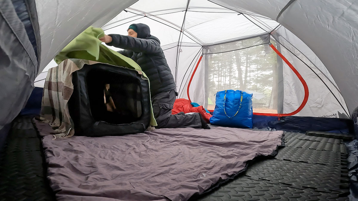 Getting inside of MEC Ohm 4 tent set up for cold weather camping, Algonquin Park, November 2023 v2