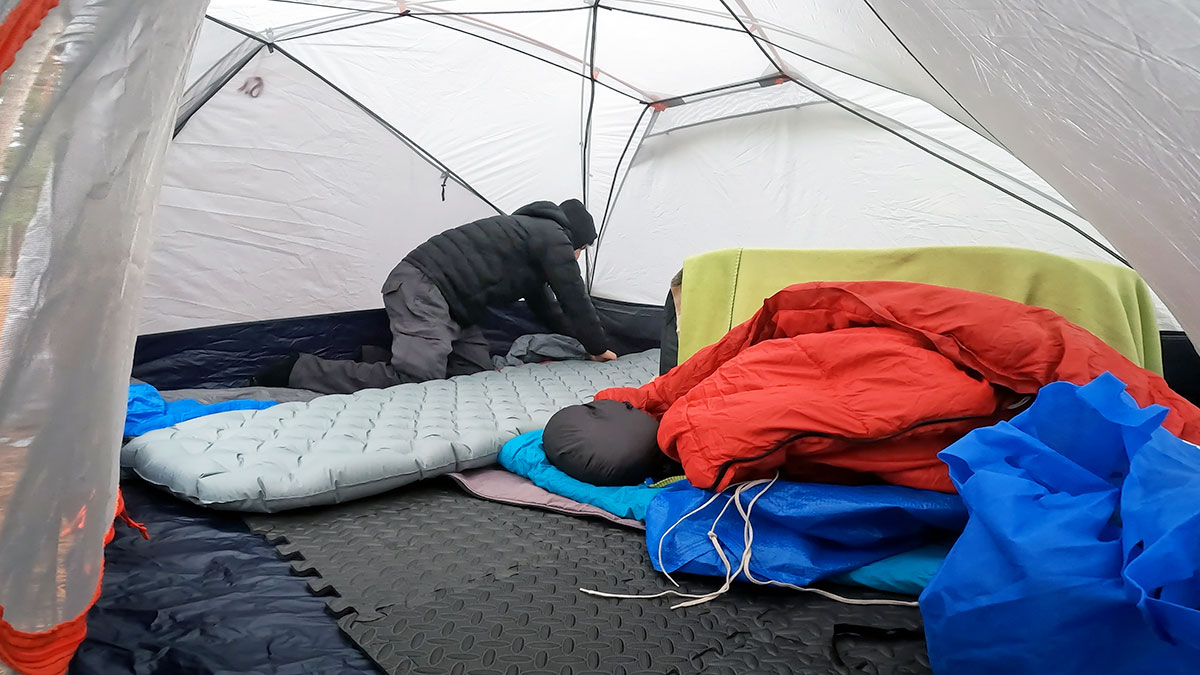 Getting inside of MEC Ohm 4 tent set up for cold weather camping, Algonquin Park, November 2023 v3