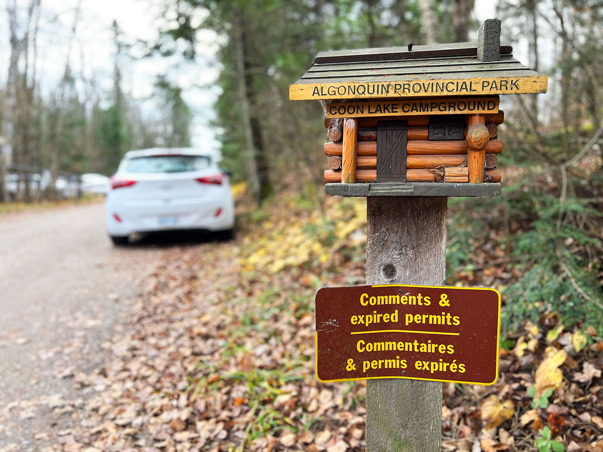 Box on a post for comments and expired permits, at the Raccoon Lake Campground in Algonquin Park, October 2023
