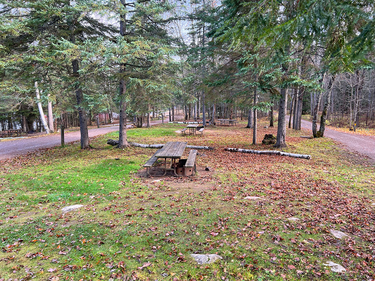 Interior campsites with picnic tables at Raccoon Lake campground in Algonquin Park, October 2023
