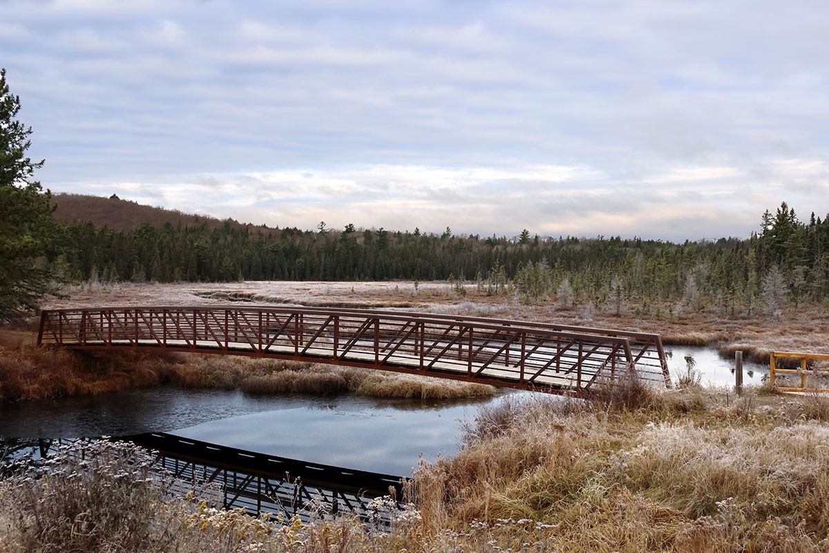 Bridge over the river at Spruce Bog Trail in Algonquin Park, November 2023 v2